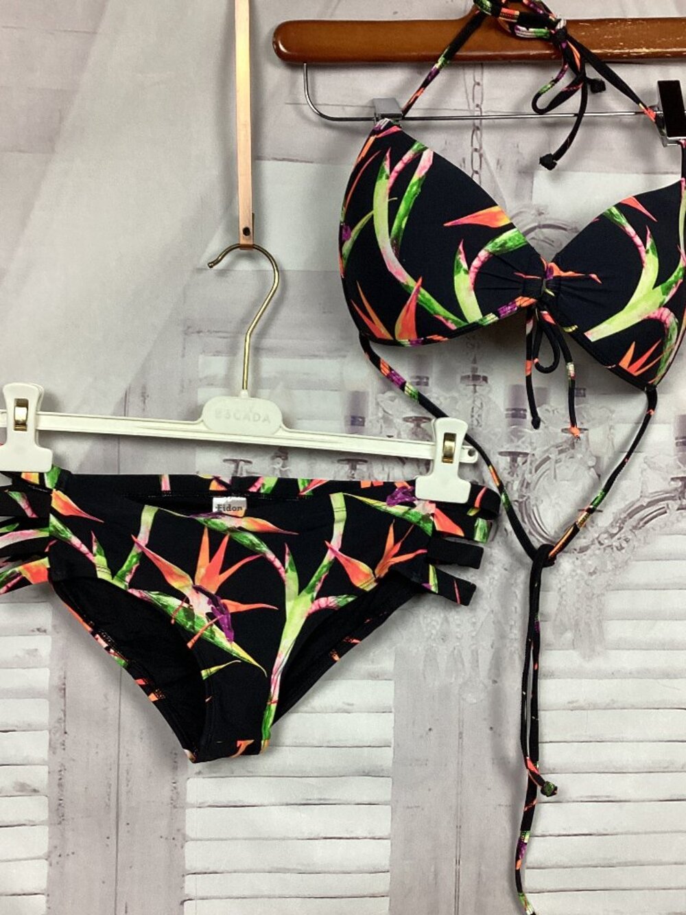 EIDON Bikini Black Neon Tropical Tie S/M